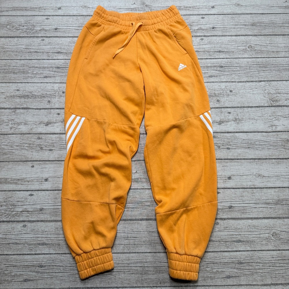 Adidas Sweatpants Women's Medium Yellow 3-Stripe Primegreen Fleece Activewear